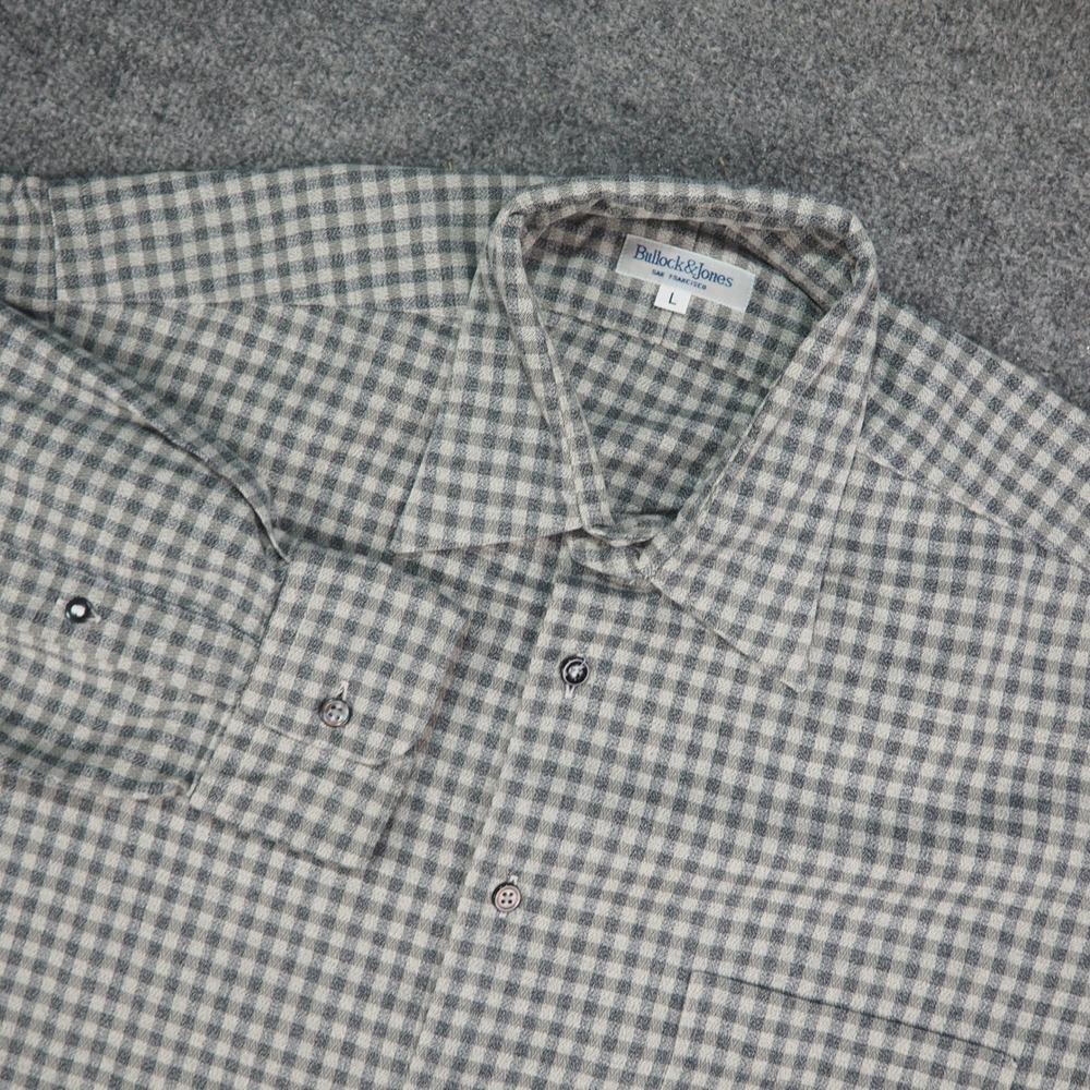 Bullock & Jones Shirt Mens Large Button Up Gray Gingham Check Long Sleeve Preppy
